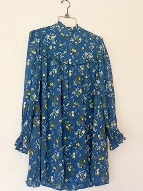 Reformation Blue Floral High-Neck Long Sleeve Swing Dress
